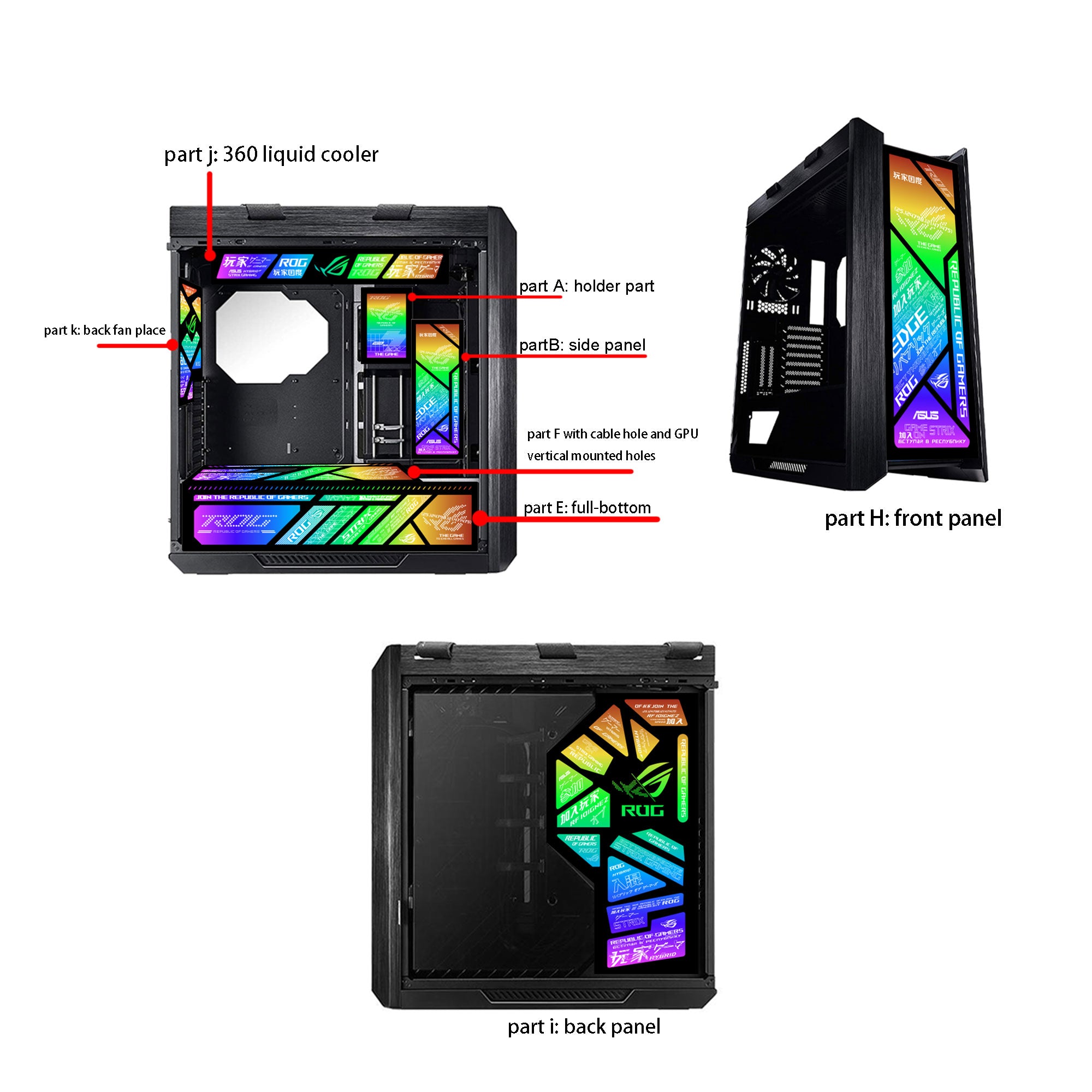 customized hollowed ARGB decoratin panels for rog strix helios case white black panels rog figure