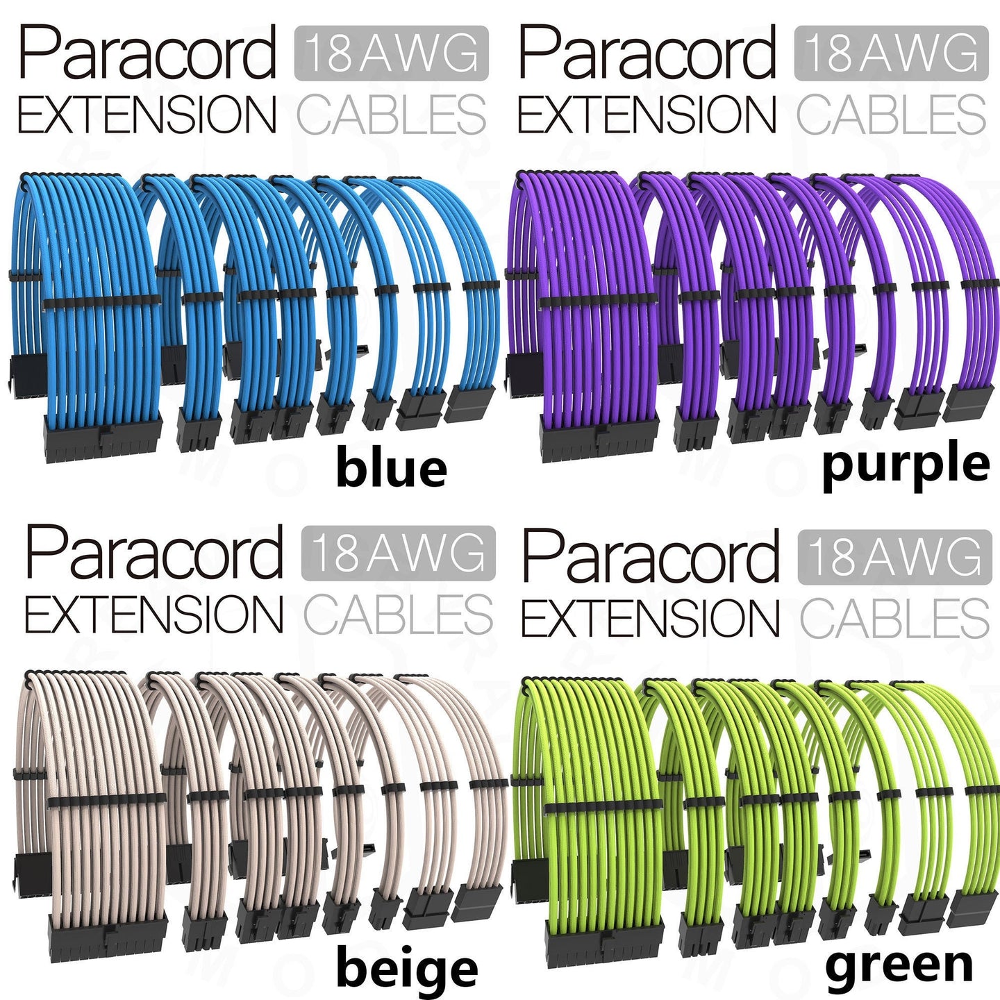 18awg paracord extension kit psu atx pcie cpu molex sata cords pre-installed combs